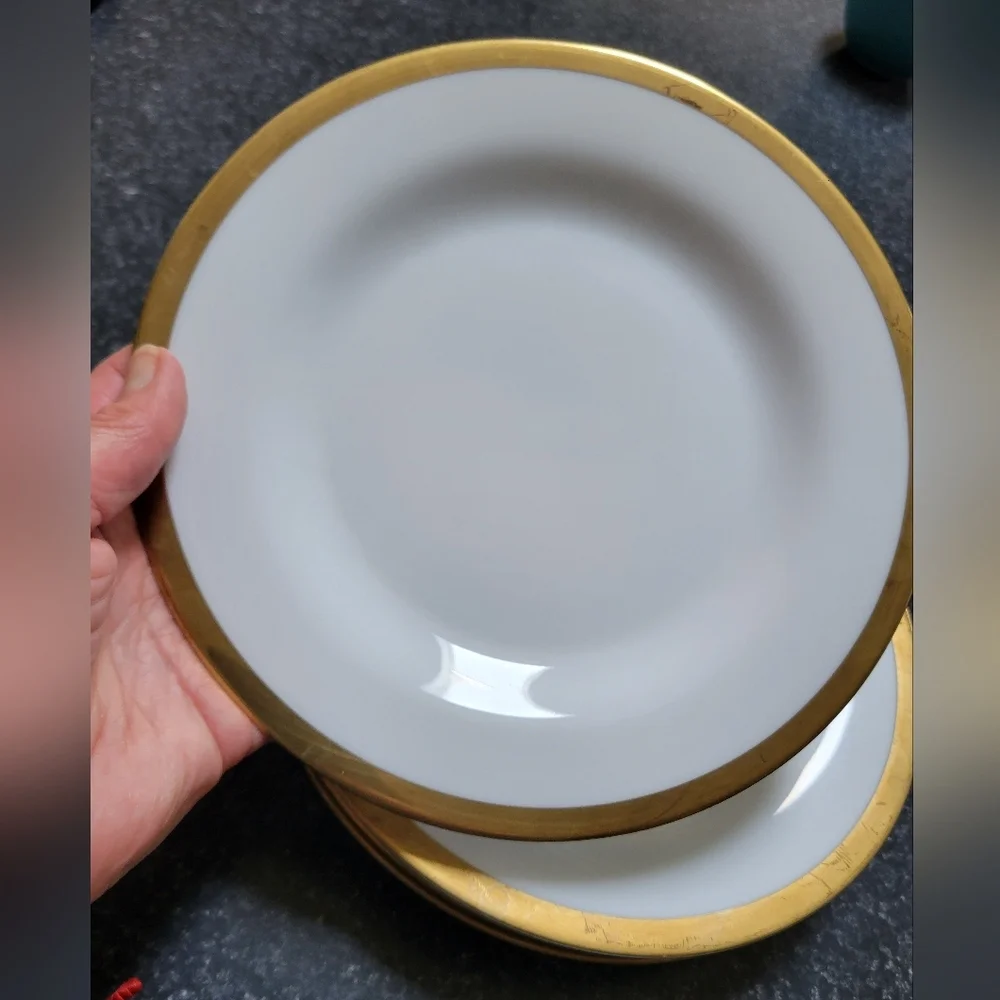 Pottery Barn White Porcelain Gold Gilded Rim Set Of 4 Dinner Plates 8.5